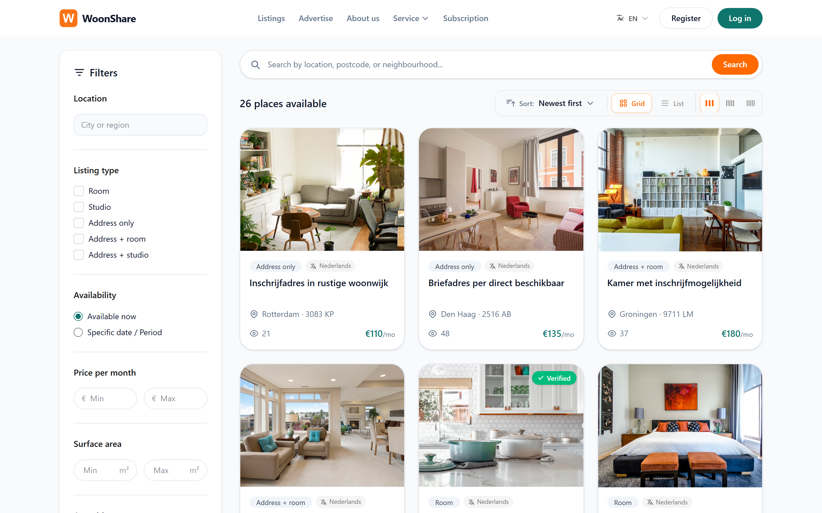WoonShare aanbodpagina op desktop met filters voor kamers, studio's en adressen