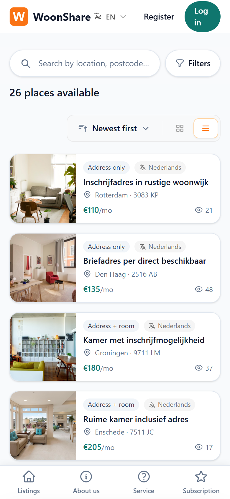 WoonShare aanbodpagina op mobiel met het filtermenu Type aanbod geopend