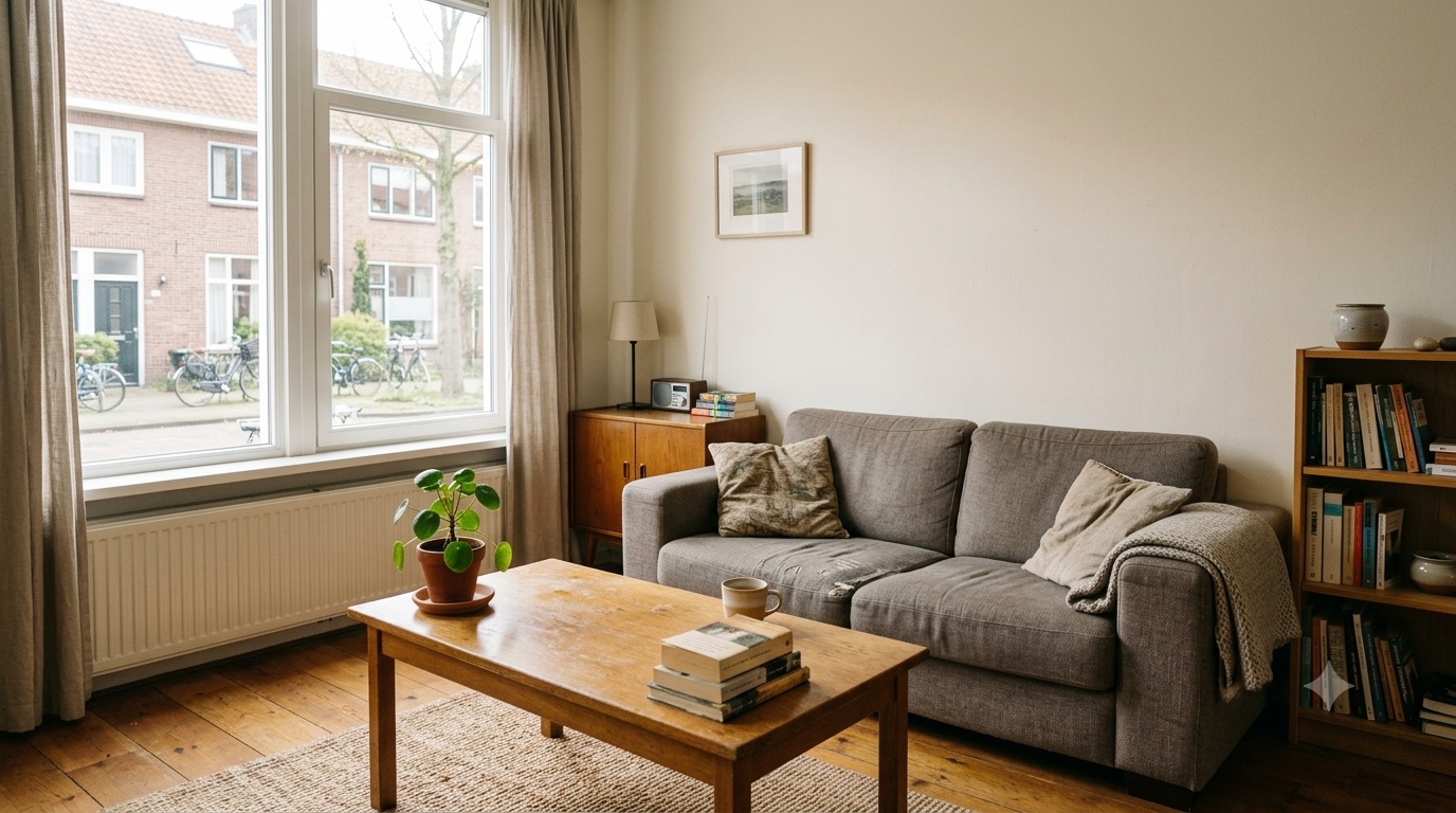 Sfeervolle, lichte woonkamer van een WoonShare-woning
